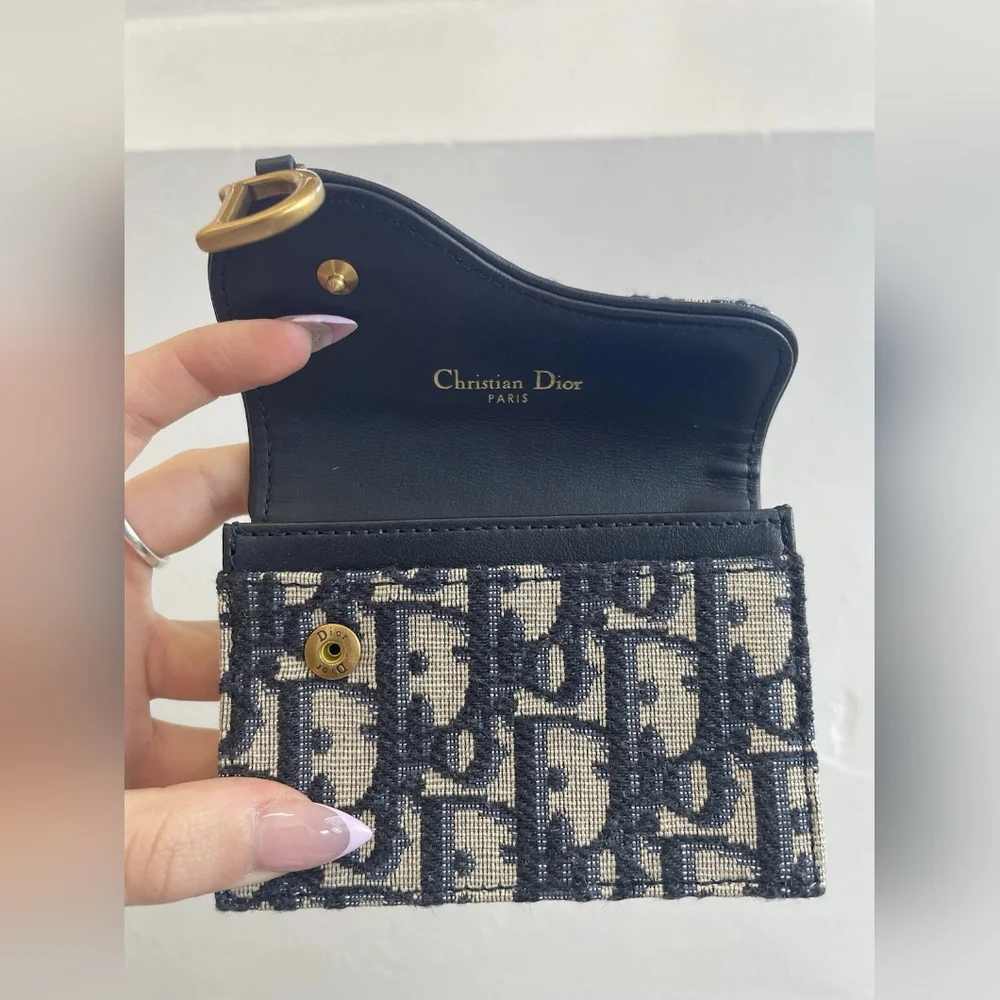 DIOR Blue Jacquard Oblique Saddle Card Case Holder Wallet